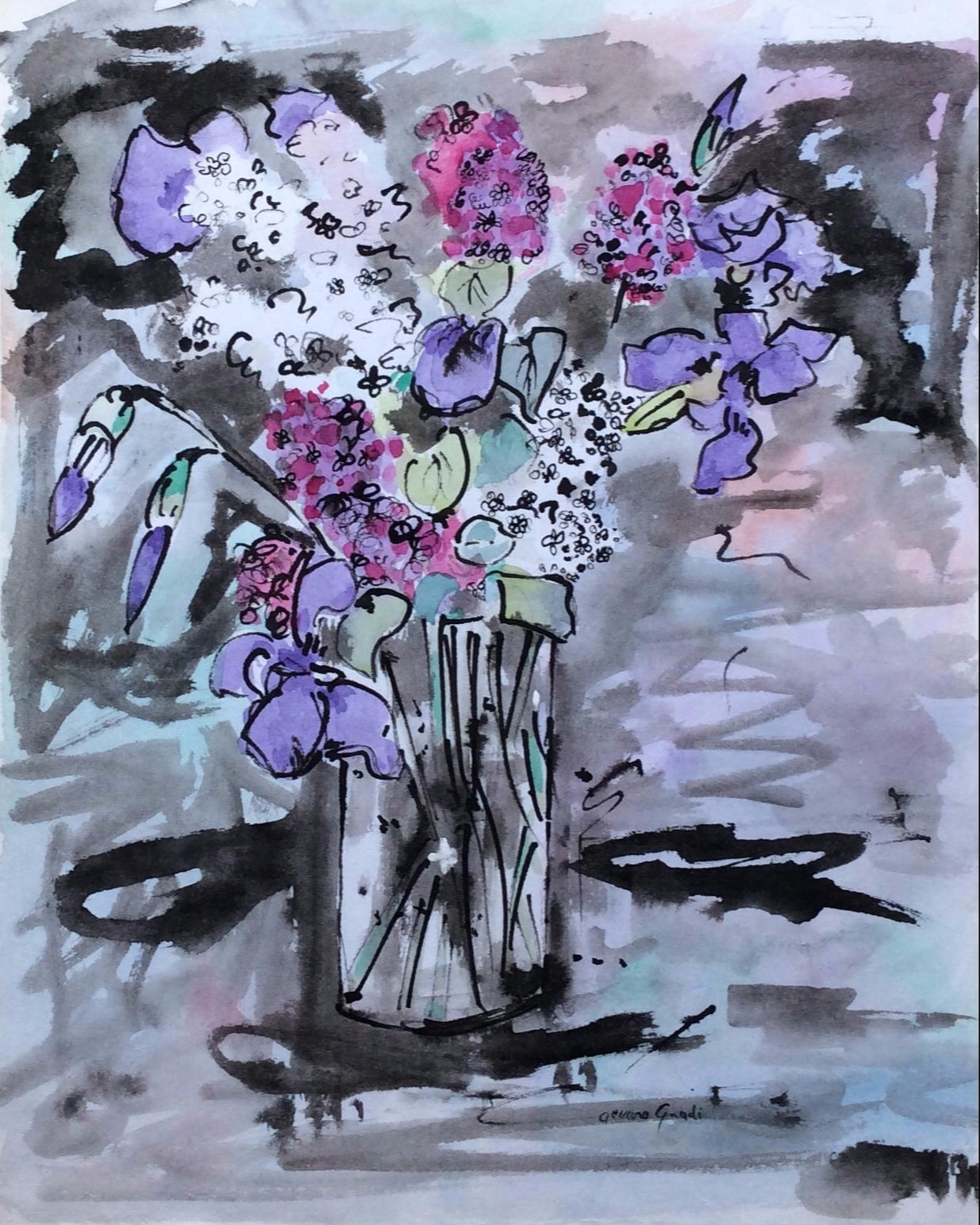 Aquarelle-et-encre-de-Chine-40x35cm-LILAS-ET-IRIS