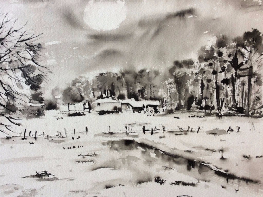 Encre de Chine 33x25 cm Paysage Enneigé