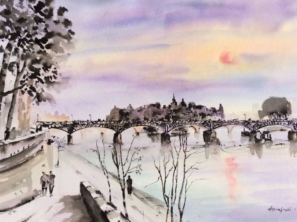 Encre et aquarelle 63x50 cm Le Pont Des Arts Paris