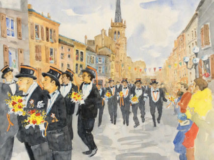 Alvaro Gradi - Artiste Peintre - Aquarelle : 40x25cm  - CONSCRITS VILLEFRANCHE EN BEAUJOLAIS - vendu