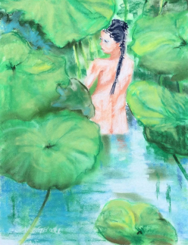 Pastel sur papier 63x45 cm Nu Aux Nénuphars