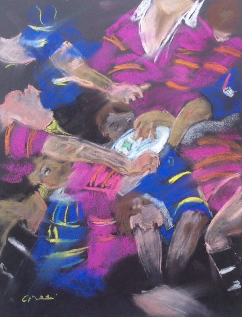 Pastel sur papier 50x65 cm Rugby