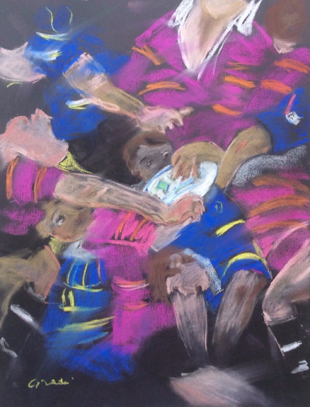 Pastel sur papier 50x65 cm Rugby