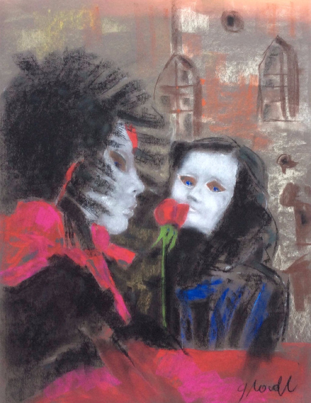 Pastel sur papier 65x50-cm Masque à La Rose